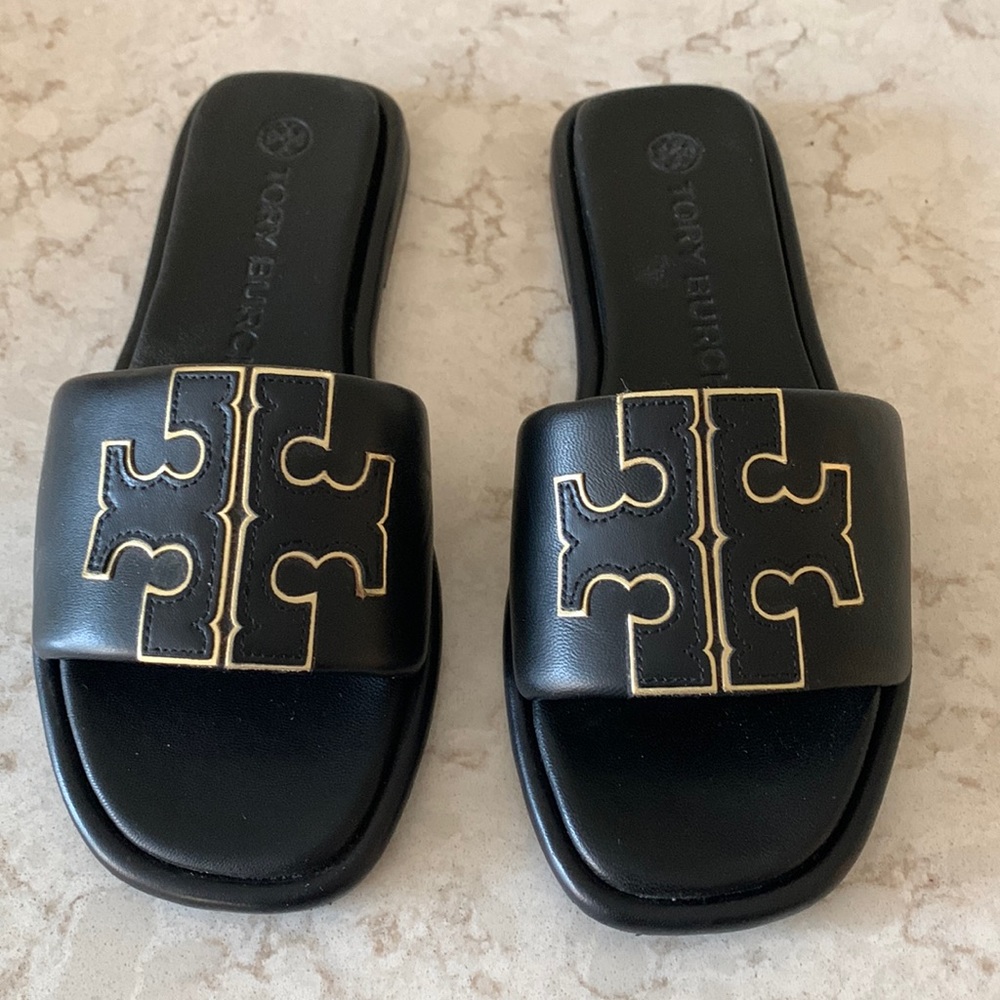 Tory Burch black slides with gold detail, Size 7, worn once, excellent condition